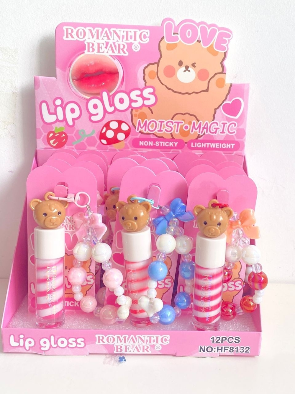 💋6x $15 💋ROMANTIC BEAR Pink Lip Gloss Keychain Set